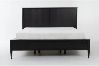 Wood Platform Bed Black Finish Paneled Headboard Modern Frame