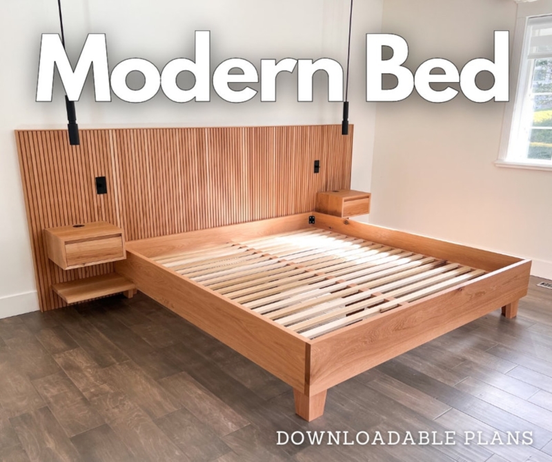 Wood Platform Bed Slatted Headboard Integrated Nightstands