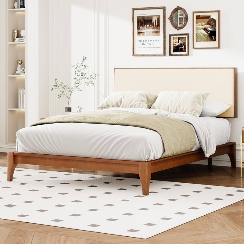 Wood Platform Bed with Beige Upholstered Headboard and Curved Corners