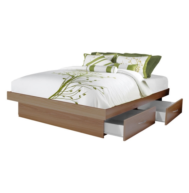 Wood Platform Storage Bed Integrated Drawers Silver Pull Handles