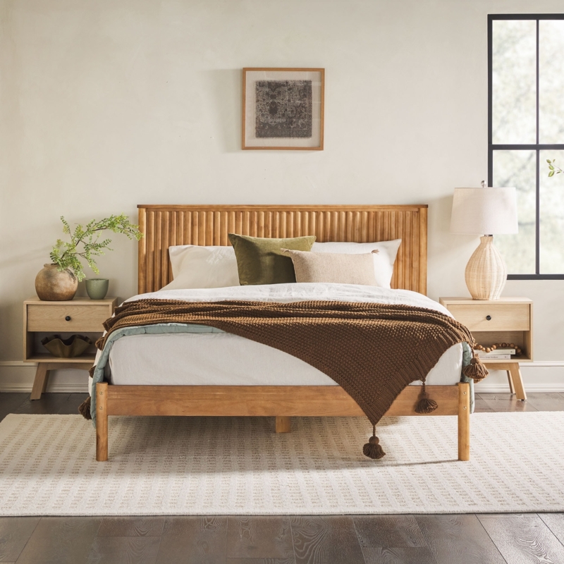 Wood Slat Headboard Bed, Transitional Boho Style
