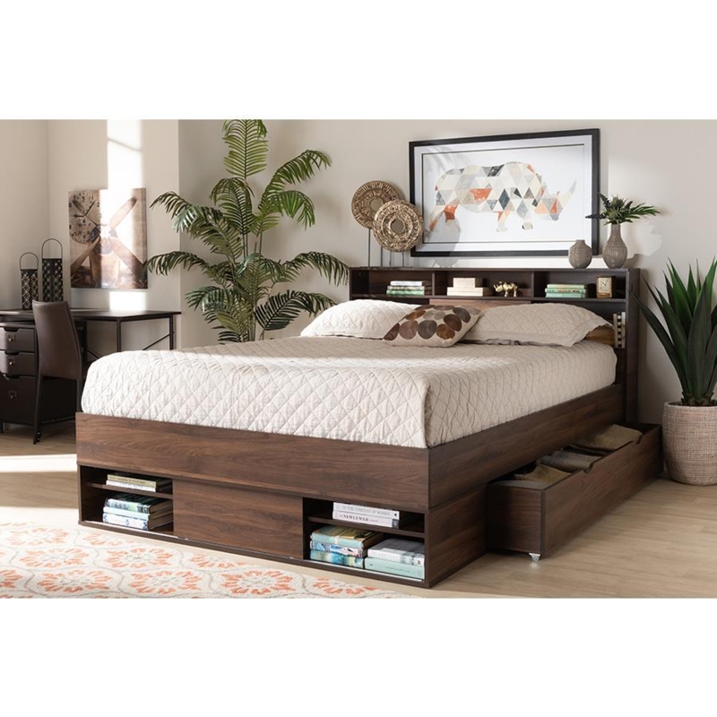 Wood Storage Bed Bookcase Headboard Footboard Cubbies Side Drawer