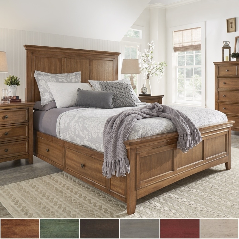 Wood Storage Bed Traditional Panel Headboard Integrated Drawers King Size