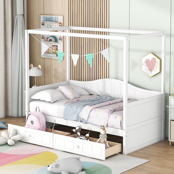 Wood Toned Canopy Daybed Hybrid with Integrated Dual Storage