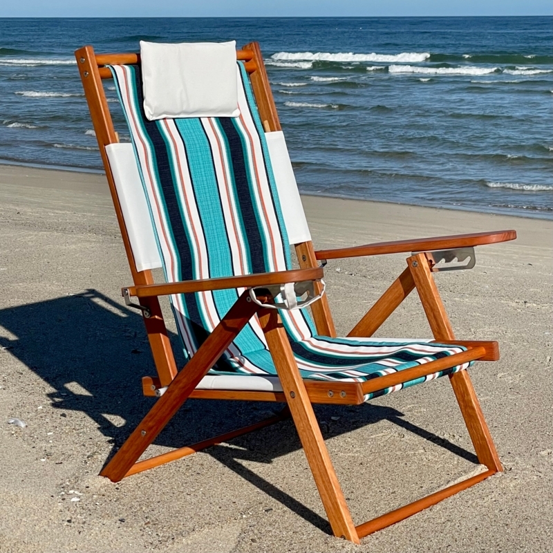 Wooden Beach Chair with Reclining Teal and Navy Striped Sling