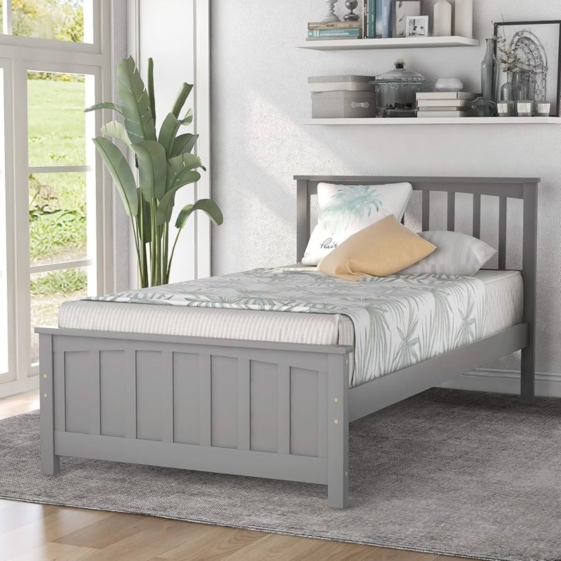 Wooden Platform Bed with Slatted Headboard and Paneled Footboard