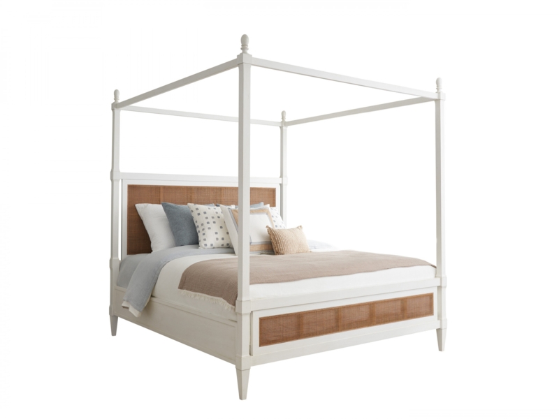 Woven Cane Canopy Bed with Rattan Headboard in Coastal White Finish