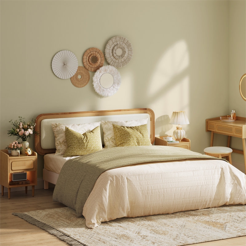Woven Cane Headboard Bed with Sage Green Upholstery
