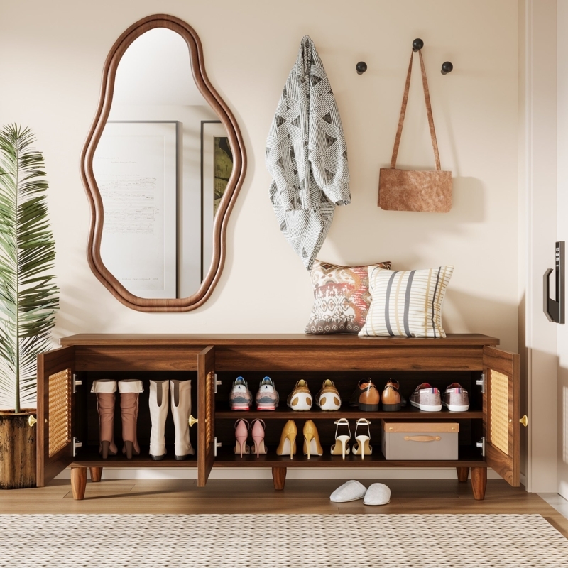 Woven Cane Storage Bench for Entryway Shoe Organization
