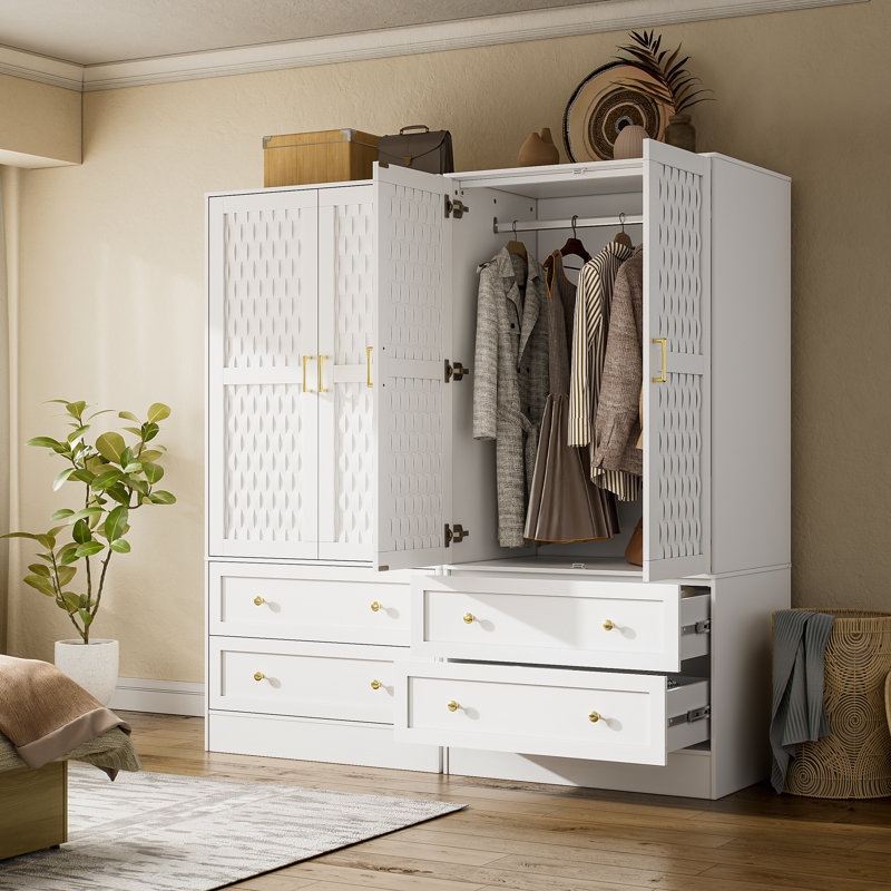 Woven Door Armoire, Gold Hardware, Transitional Style Storage.