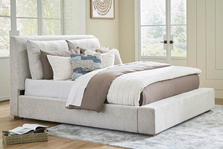Woven Fabric Platform Bed with Wide Upholstered Rails