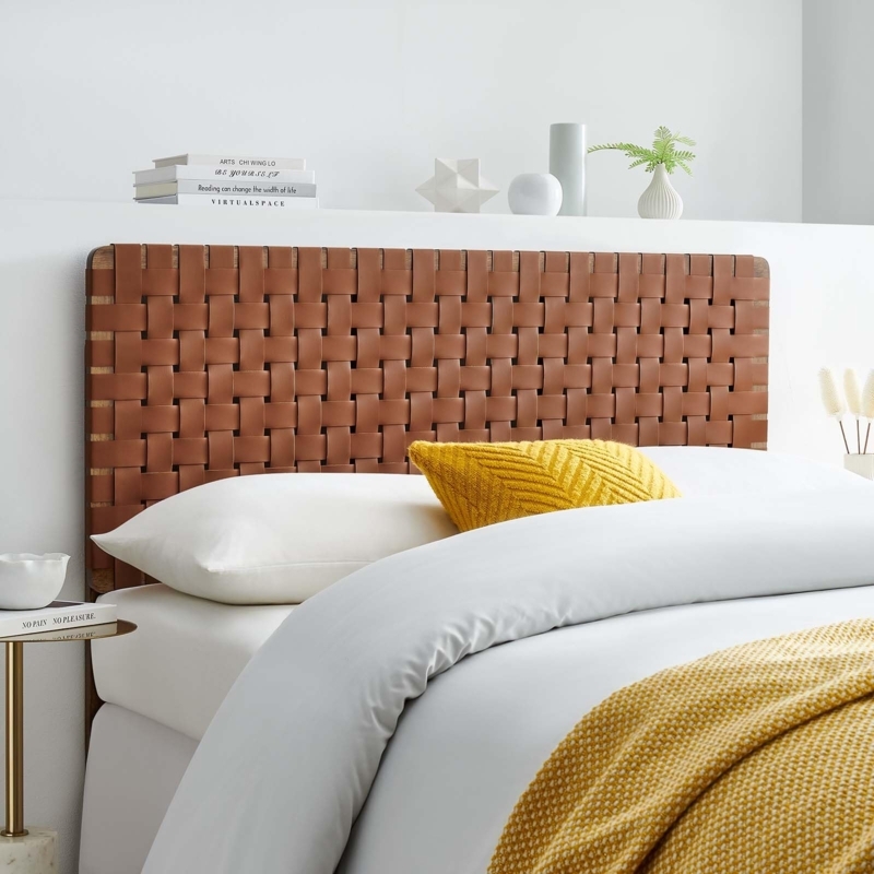 Woven Headboard Basketweave Leather Straps and Walnut Toned Frame