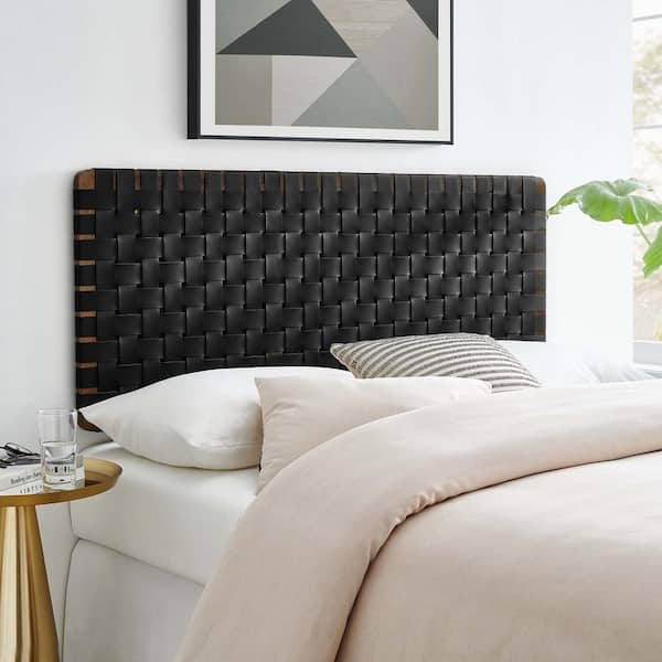 Woven Headboard Faux Leather Straps Walnut Trim Minimalist Style