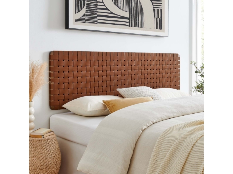 Woven Leather Headboard Wall Mounted Tan Basketweave Texture Boho