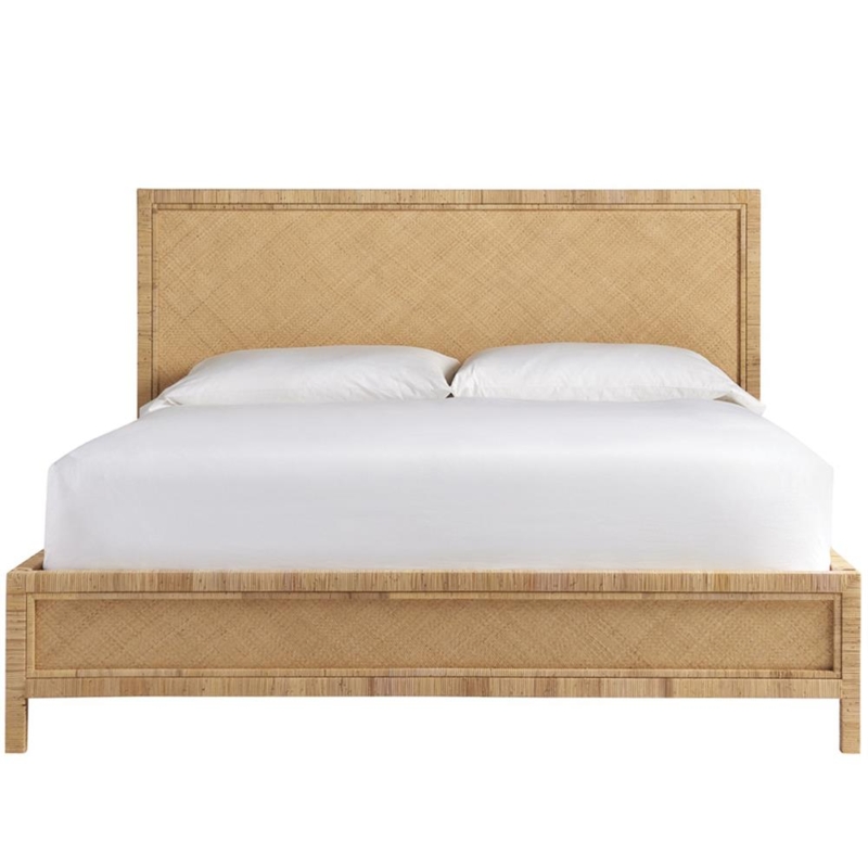 Woven Raffia Bed Frame with Diagonal Weave Pattern and Coastal Style