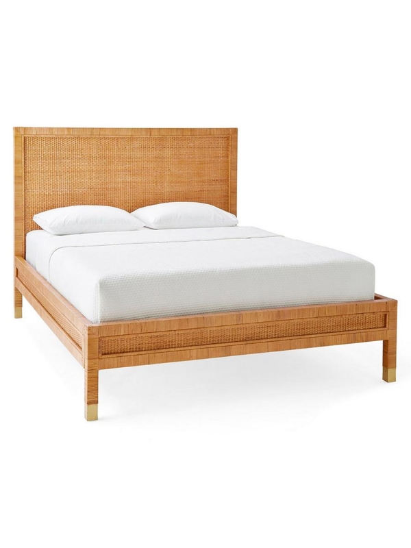 Woven Rattan Bed Frame Honey Finish with Brass Caps Coastal Style
