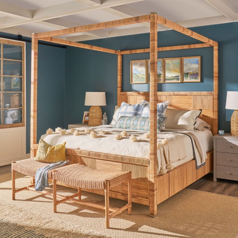 Woven Rattan Canopy Bed with Four Poster Frame and Coastal Style