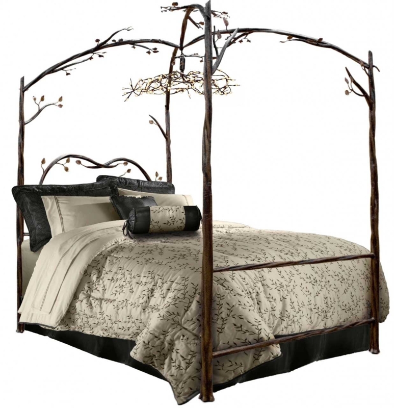 Wrought Iron Canopy Bed with Sculpted Branch and Leaf Motif