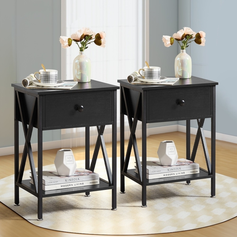 X-Frame Nightstand, Matte Finish, Open Shelf, Single Drawer, Metal