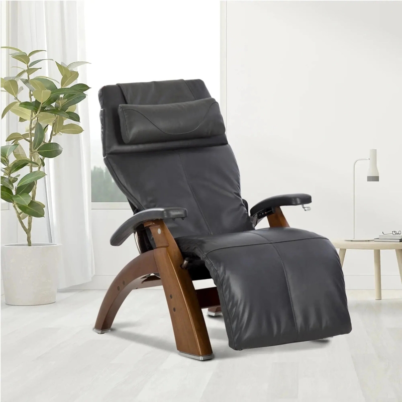 Zero Gravity Recliner with Arched Wood Frame and Black Leather-Like Upholstery