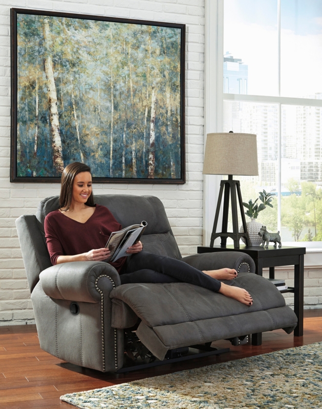 Zero Wall Recliner Gray Microsuede Wide Profile Nailhead Trim