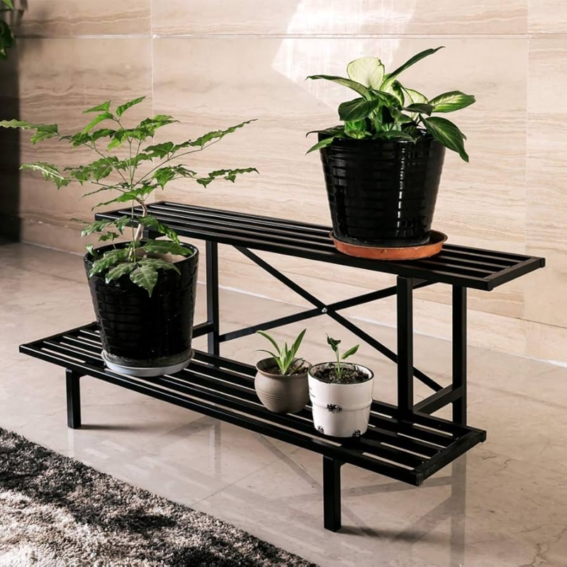: Zhongma 2 Tier Sturdy Metal Plant Stand Heavy Duty Plant  Holder for Home Indoor and Outdoor,L45.67 x W17.5 x H14 inch, 440 LBS  Capacity & Heavy Duty Construction  :
