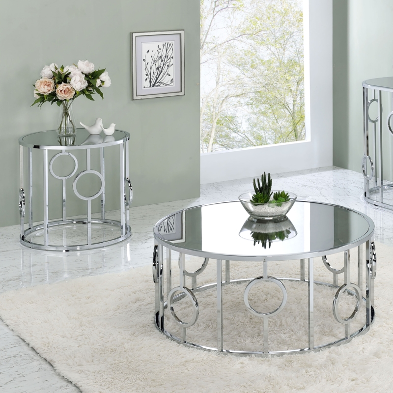 2-Piece Coffee Table Set featuring Mirrored Tops and Chrome Hoop Frames