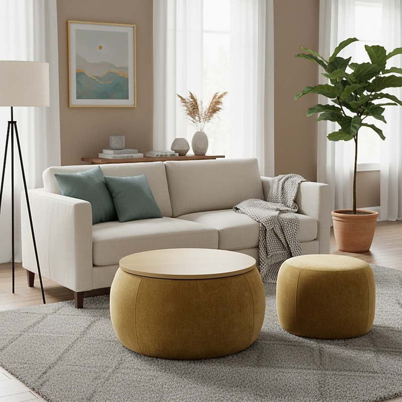 2-Piece Round Storage Ottoman Set in Dark Yellow Fabric