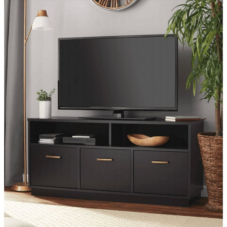 3-Door TV Stand Blackwood Finish Gold Bar Pulls Open Media Cubbies