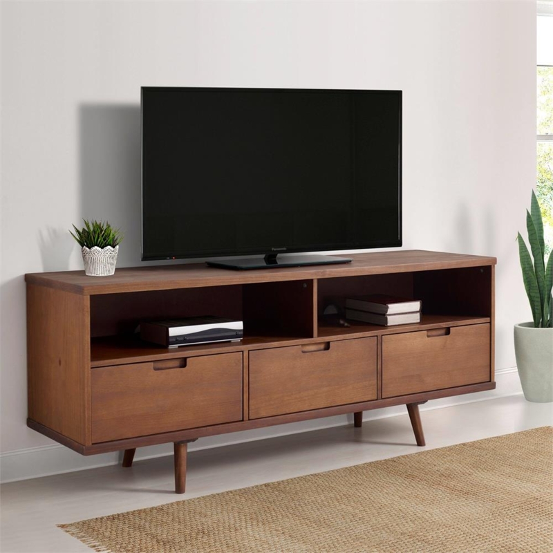 3 Drawer TV Cabinet Walnut Media Console Tapered Legs Open Shelf