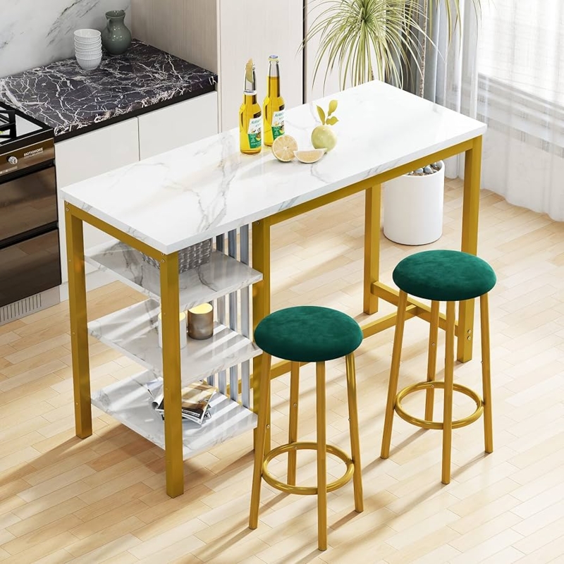 3-Piece Bar Set: Marble Pattern, Gold Frame & Emerald Seats