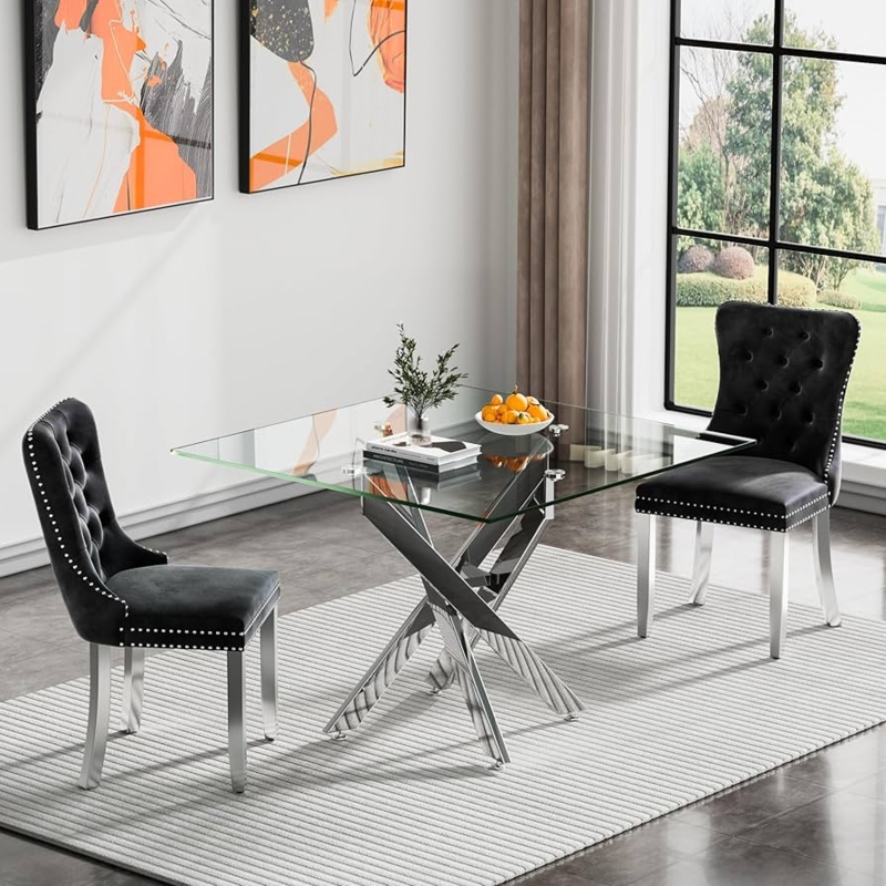 3-Piece Dining Set Glass Top Upholstered Tufted Chairs X-Base