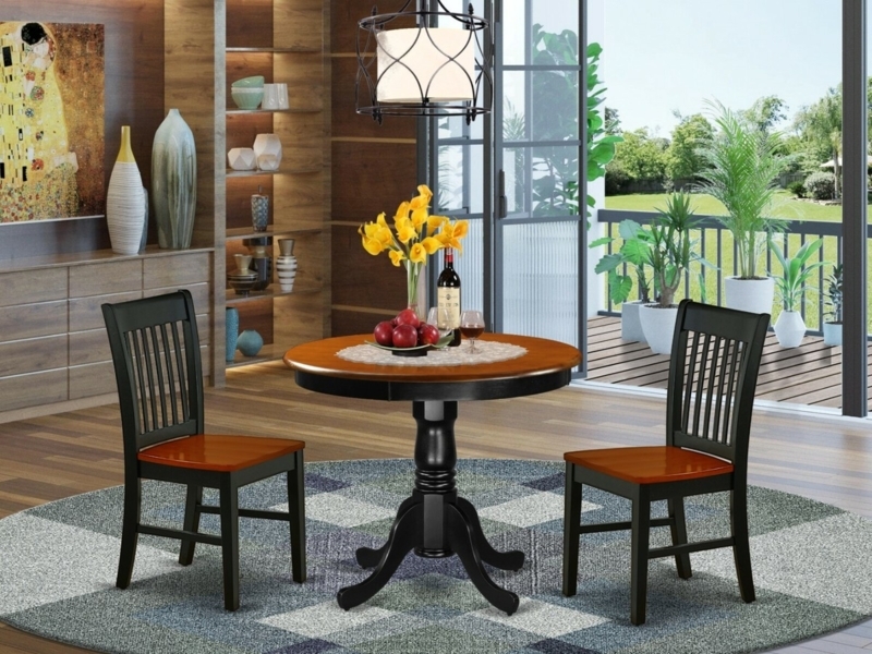 3-Piece Dining Set, Round Pedestal Table, Cherry and Black, Spindle-Back