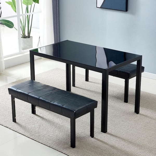 3-Piece Dining Set with Backless Benches and Grid-Stitched Upholstery