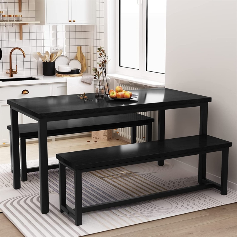 3-Piece Dining Set with Tuck-Away Benches Matte Black Finish
