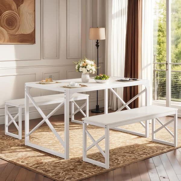 3 Piece Dining Set with White Metal X-Frame Table and Benches