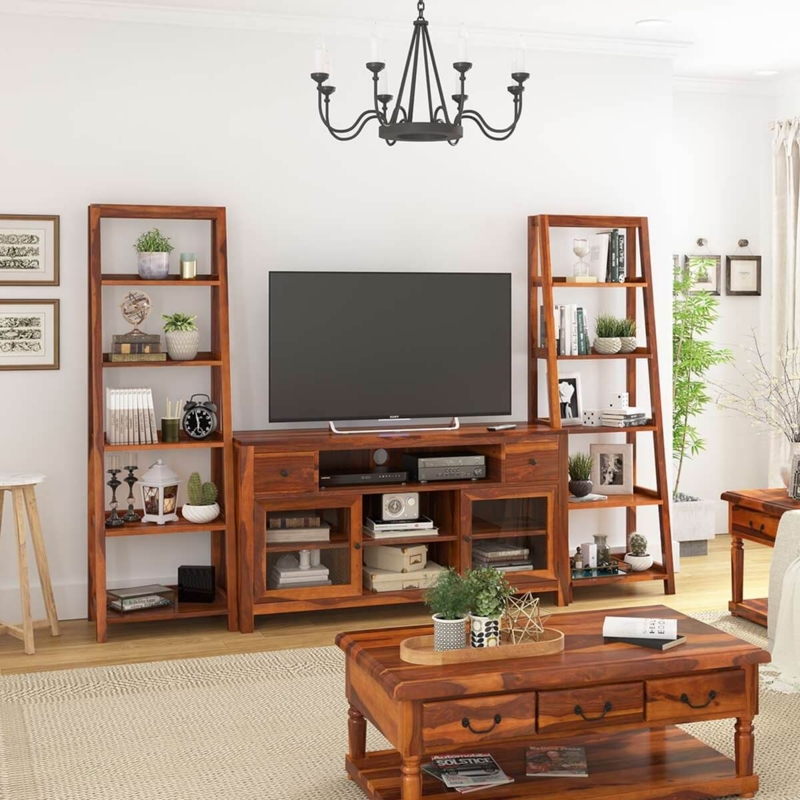 3-Piece Entertainment Center with Ladder Bookcase Silhouette Rustic Wood