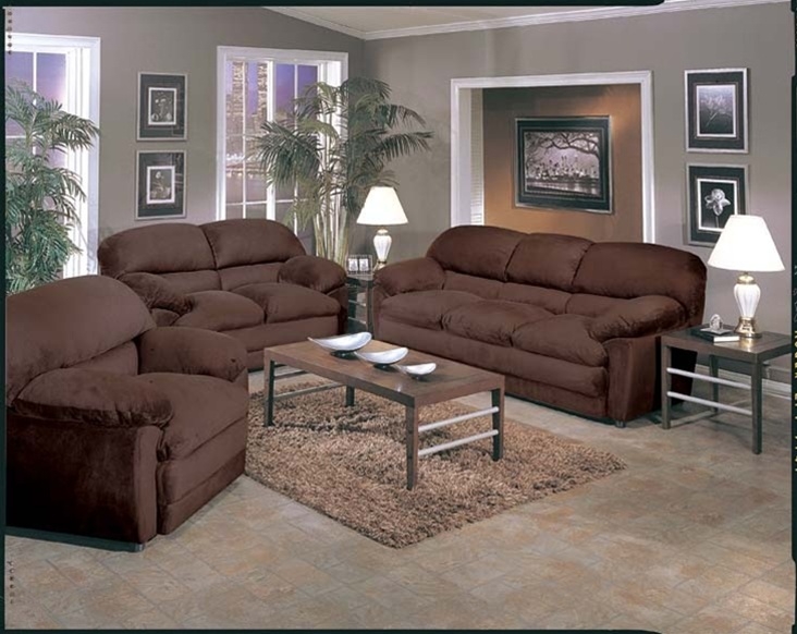 3-Piece Living Room Set Chocolate Overstuffed Microfiber