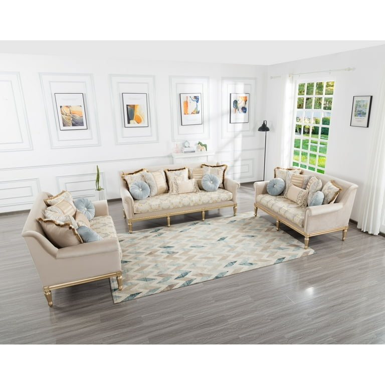 3-Piece Living Room Set with Floral Seat Cushions & Tapered Wood Legs