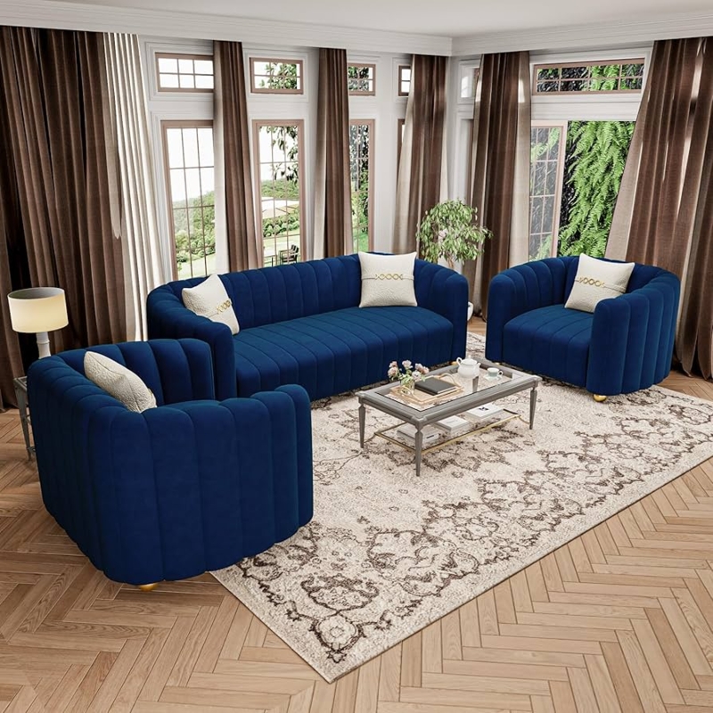 3-Piece Navy Living Room Set, Channel Tufted Gold Ball Legs