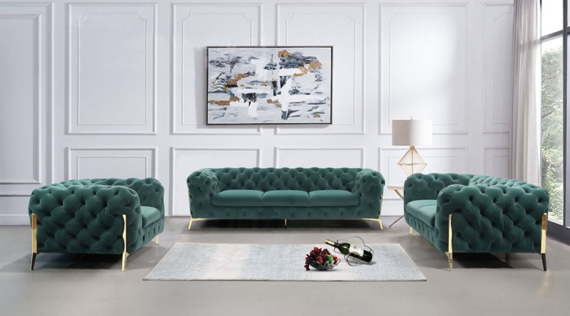 3-Piece Sofa Set Emerald Green Velvet Chesterfield Style.