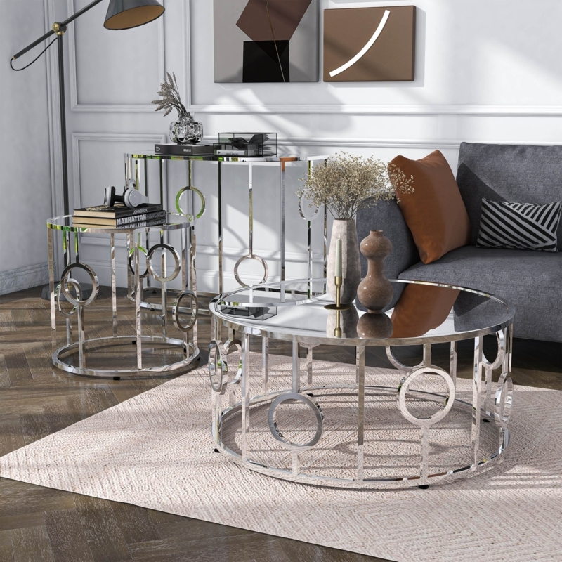 3-Piece Table Set with Glass Tops and Polished Chrome Hoop Accents