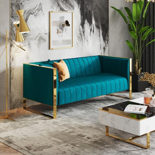 3-Seat Velvet Sofa, Aqua Blue, Gold Metal Frame, Channel Tufting