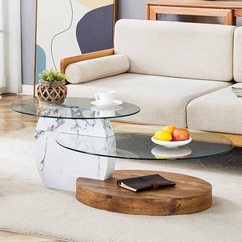 3-Tier Glass Coffee Table, Asymmetrical Shelves, Marble Pattern Pillar