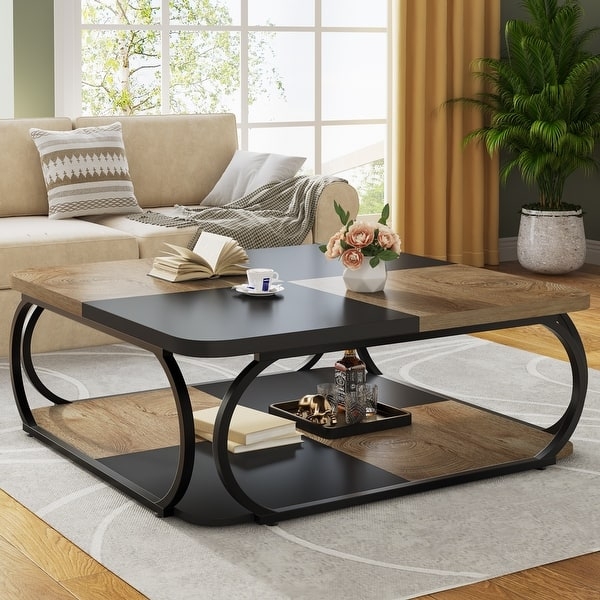39" Large Square Wood Coffee Table, 2 Tier Tea Table with Storage Shelf, Center Table for Living Room & Home Office - Black Brown