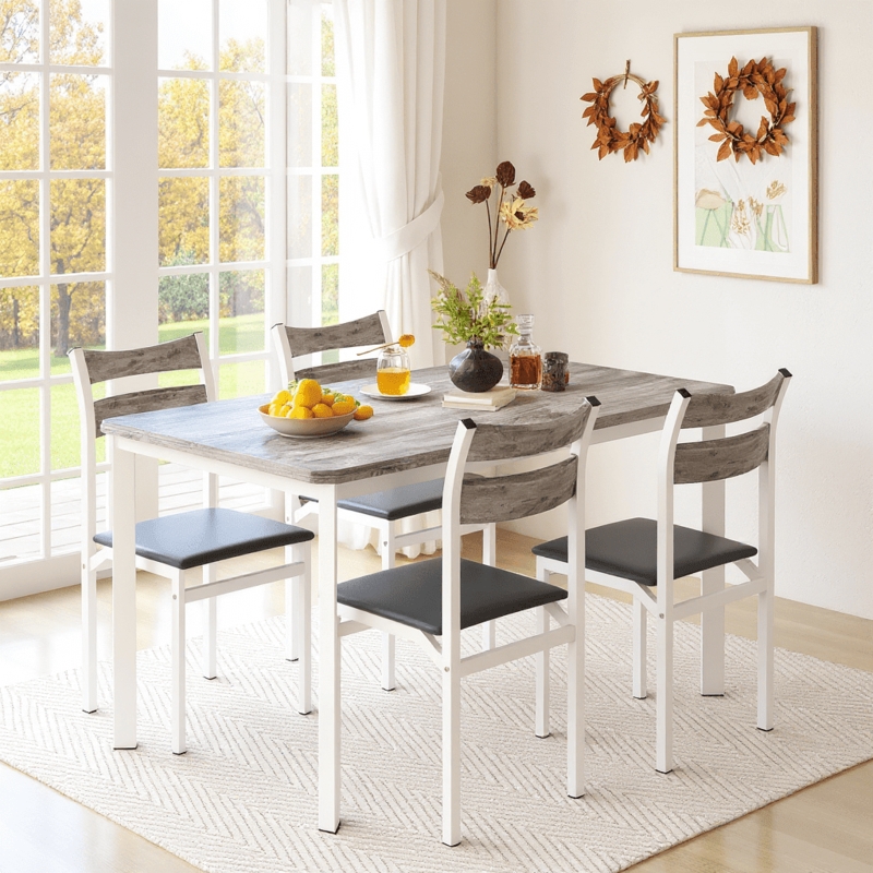 4 Person Dining Set Modern Dinette Black Upholstered Seats Slatted Back