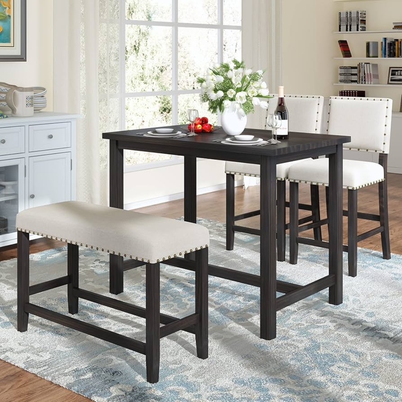 4-Piece Counter Height Dining Set with Nailhead Trim & Bench