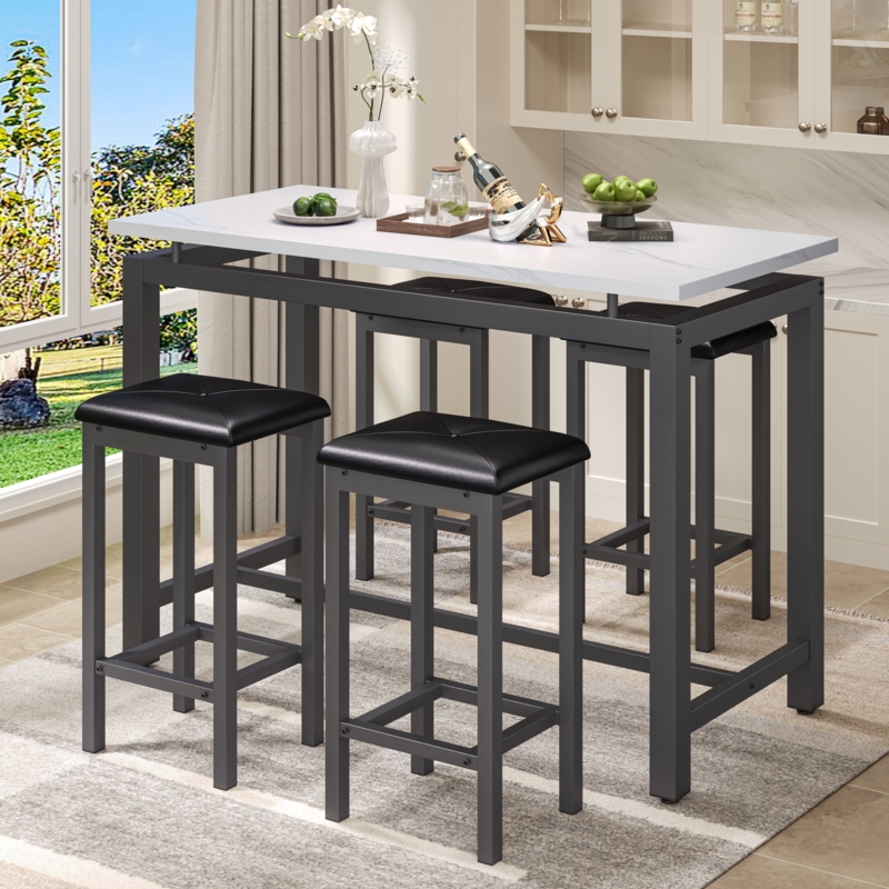 5-Piece Counter Height Set: Marble Look & Tufted Stools