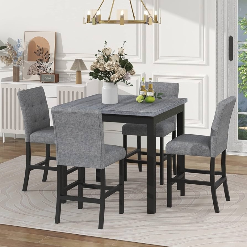 5-Piece Counter Height Set with Heathered Upholstery and Grey Wood