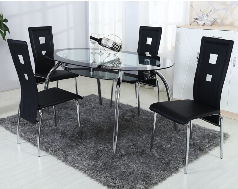 5-Piece Dining Set, Black Glass Oval Table with Storage Shelf